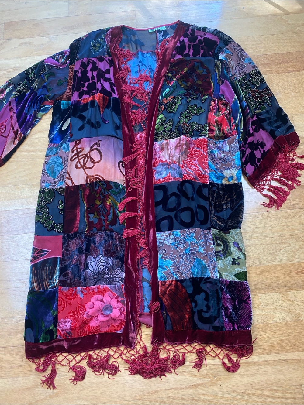 CHICO’s Kimono Duster Artsy Patchwork Burnout Velvet Beaded Tassel Fringe Sz M/L